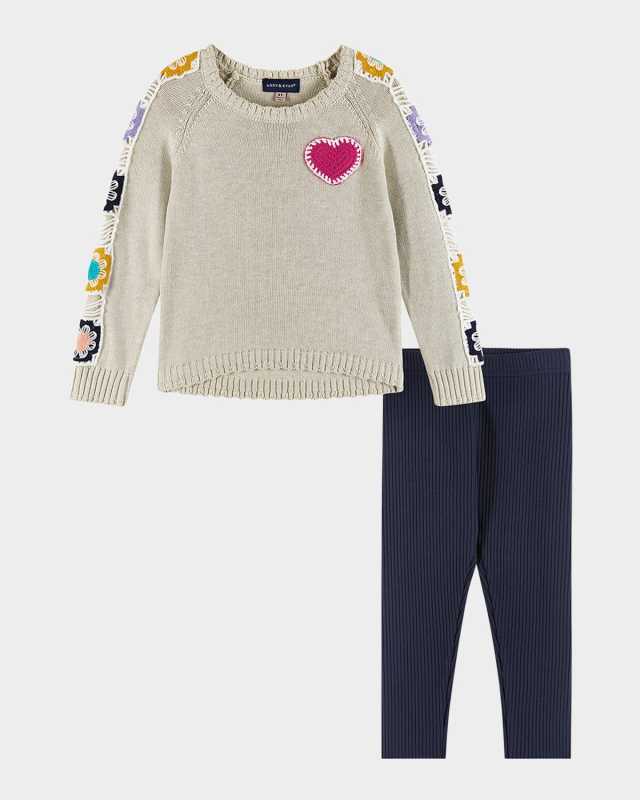 Girl's Sweater W/ Crochet Patches & Jeggings Set, Size 2T-